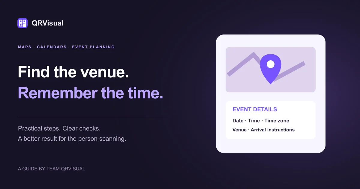 Illustrated map pin beside a calendar card with event details.