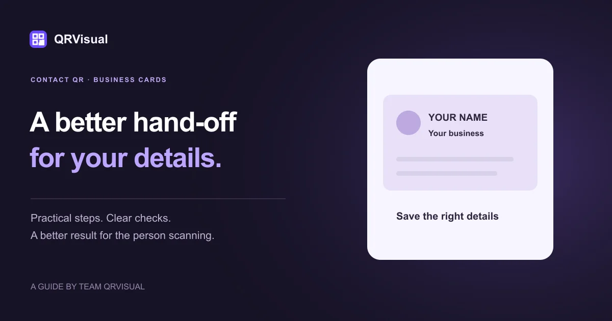 Illustrated business card with contact fields beside a phone contact preview.